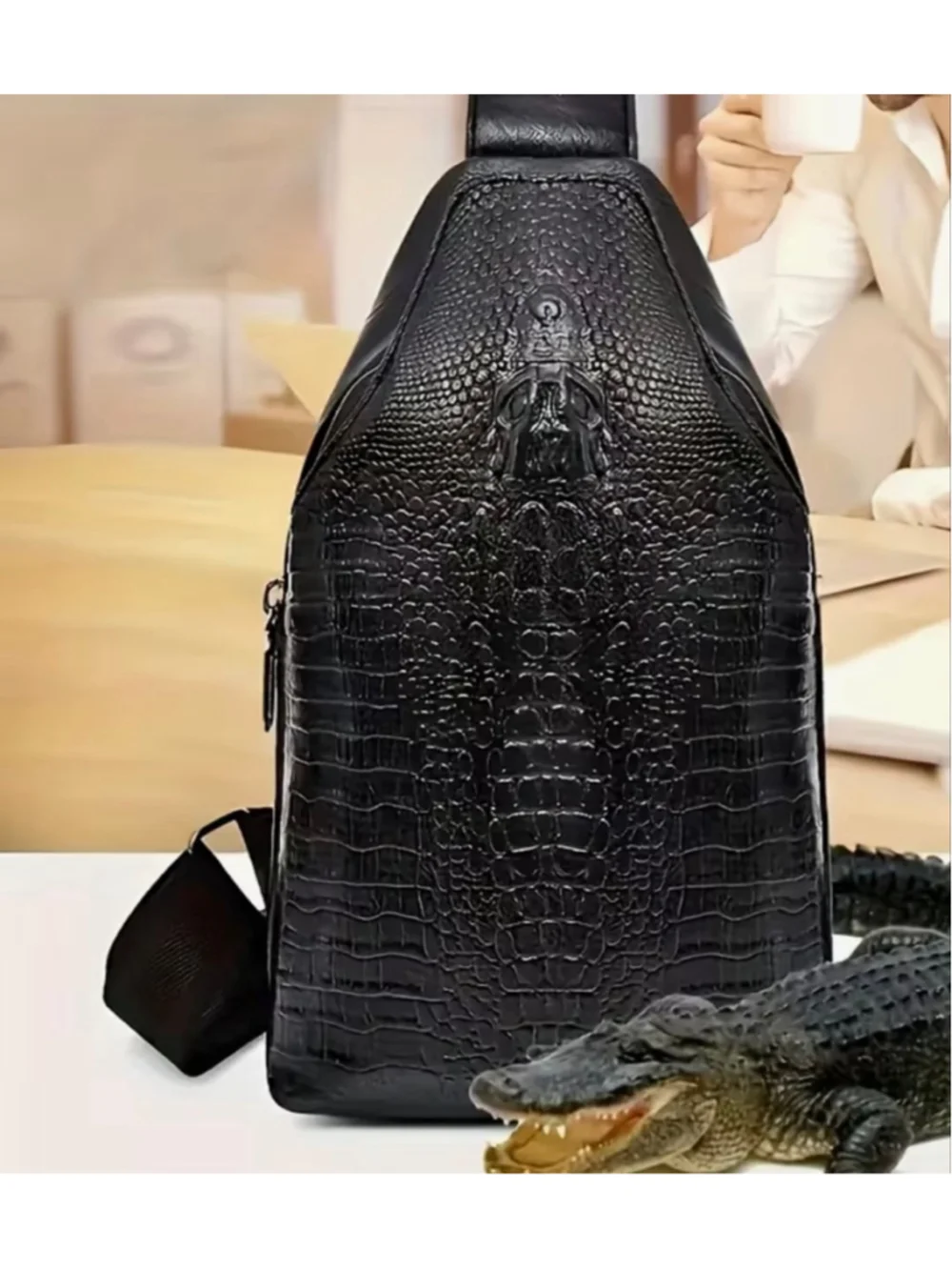Unisex Black Crocodile Embossed Crossbody Bag